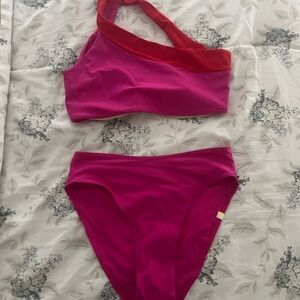 Summersalt Pink and Red One-Shoulder Bikini Set